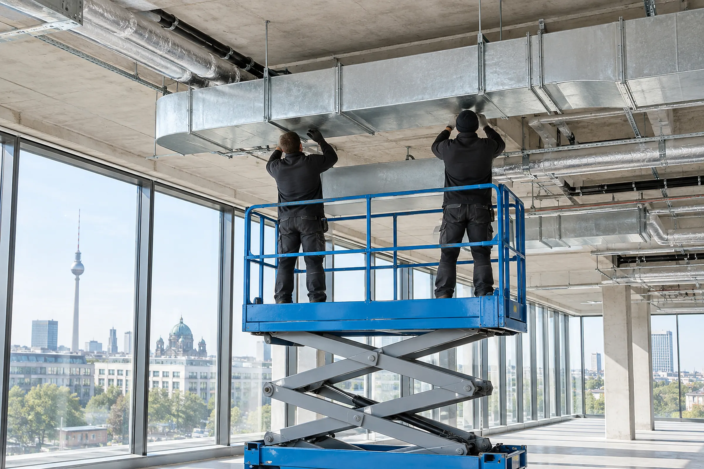 Monteure bringen Lüftungskanäle an einer Betondecke an (Symbolbild)