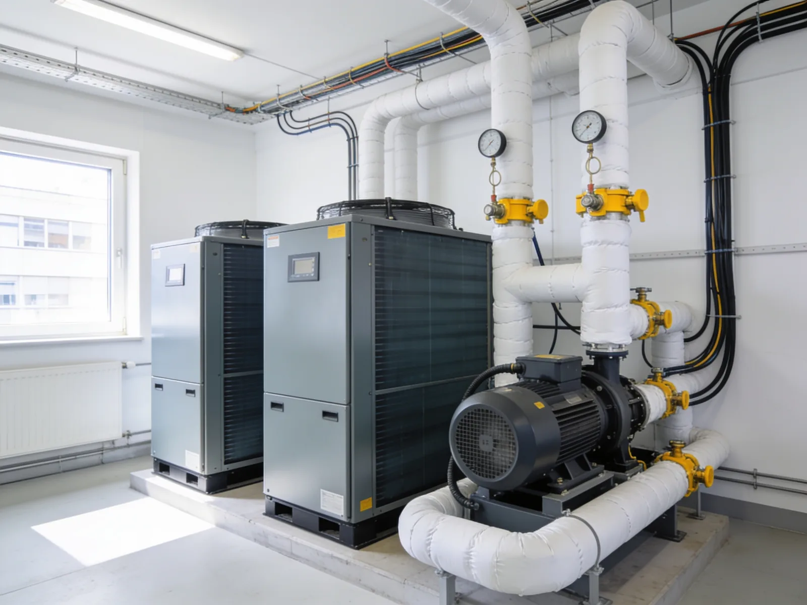 Moderne Heizzentrale mit Wärmepumpen (KI-generiertes Platzhalterbild)