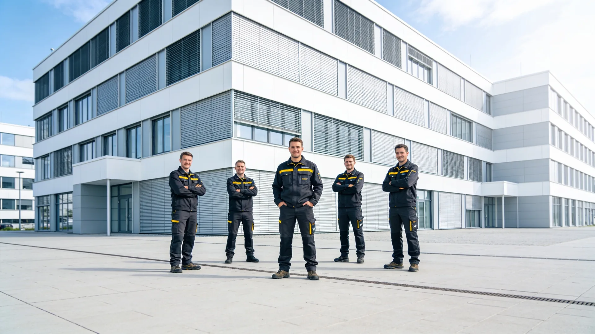 Das Team der HVAC Solution GmbH vor einem Gewerbegebäude (KI-generiertes Platzhalterbild)