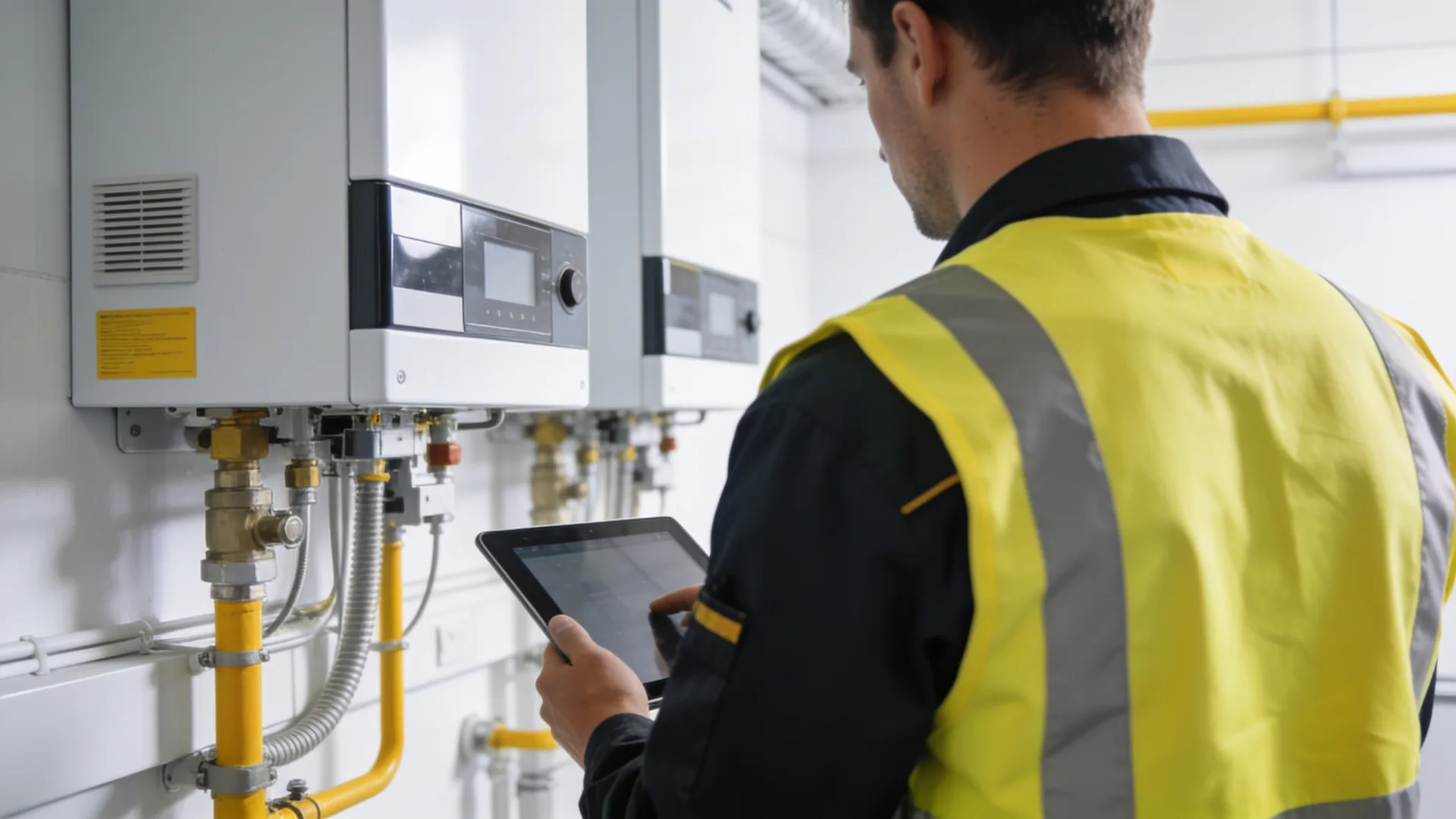 Techniker mit Tablet prüft eine Anlage (KI-generiertes Platzhalterbild)