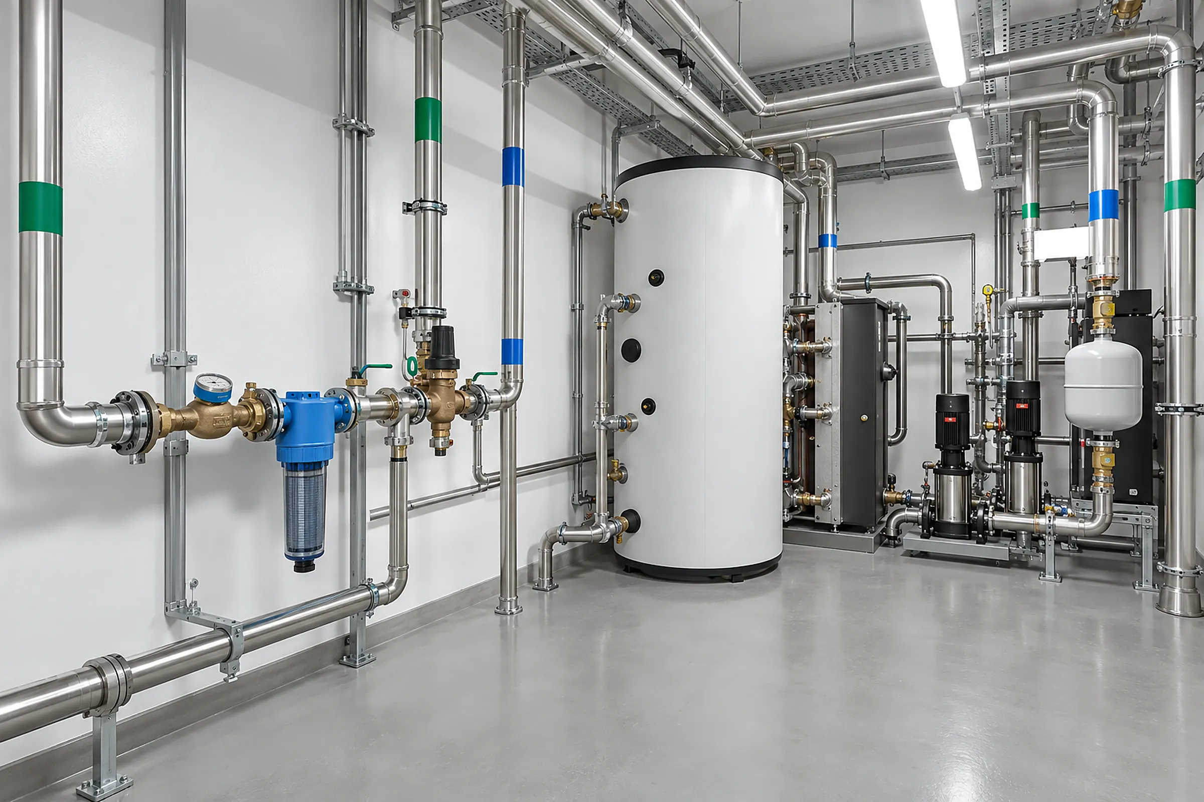 Trinkwasserzentrale mit Edelstahlleitungen und Warmwasserspeicher (Symbolbild)