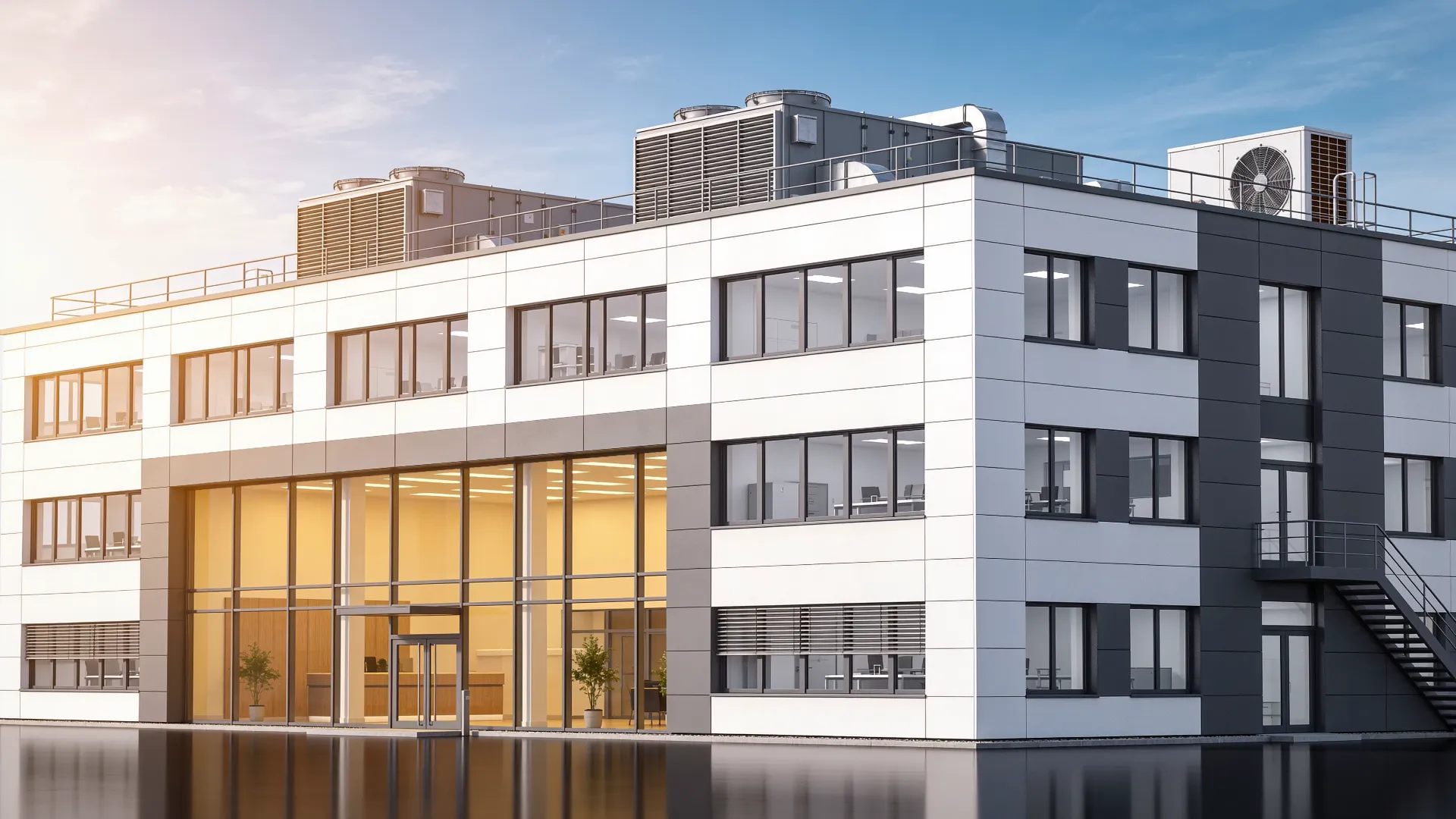 Modernes Gewerbegebäude, dessen Fassade im Röntgenblick die Anlagentechnik zeigt (KI-generiertes Platzhalterbild)
