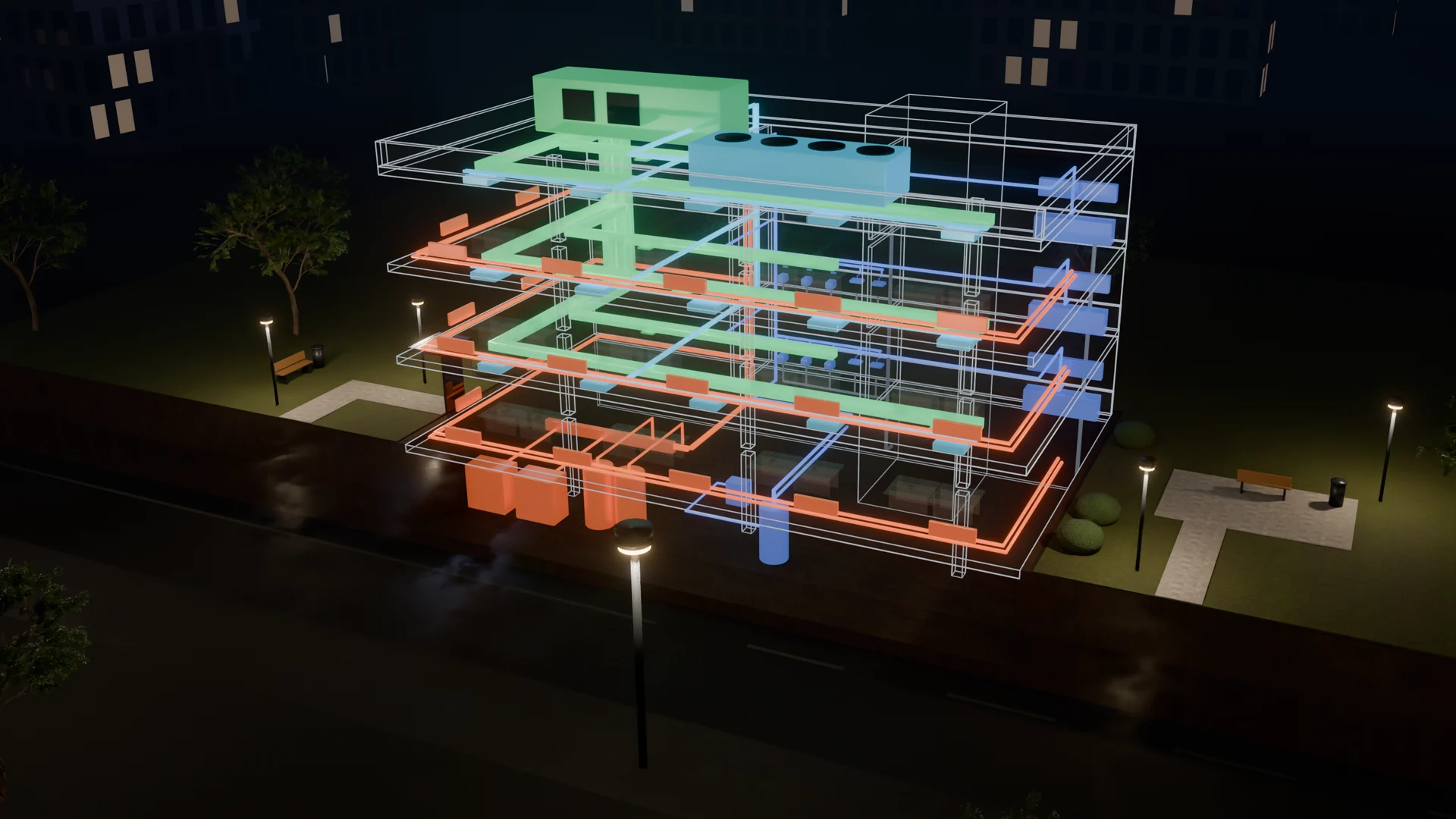 3D-Darstellung eines Bürogebäudes bei Nacht, in dem Heizung, Lüftung, Klima und Sanitär farbig hervorgehoben werden (schematische Darstellung)