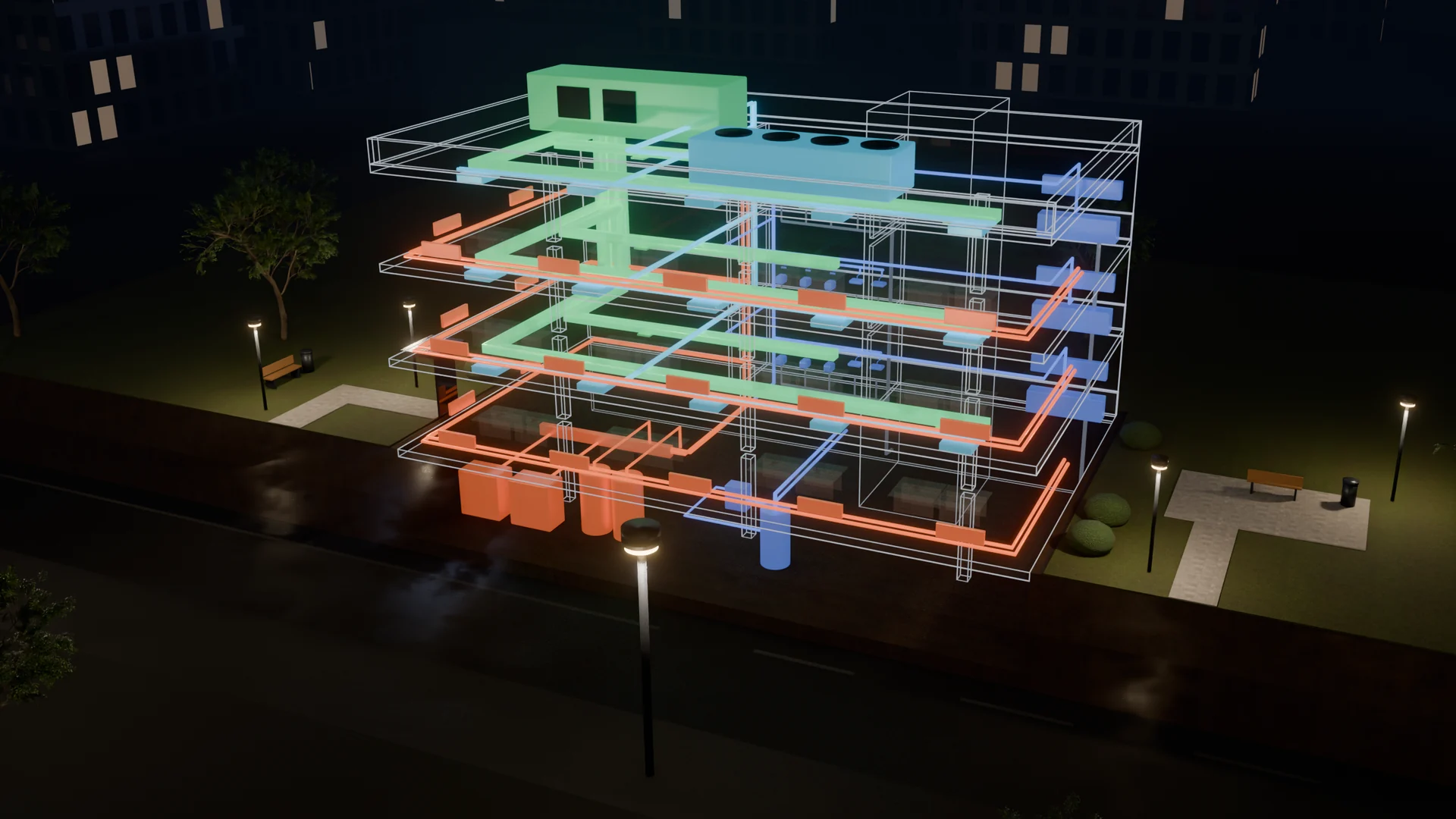 3D-Darstellung eines Bürogebäudes bei Nacht mit farbig leuchtender Heizung, Lüftung, Klimatisierung und Sanitärtechnik (schematische Darstellung)